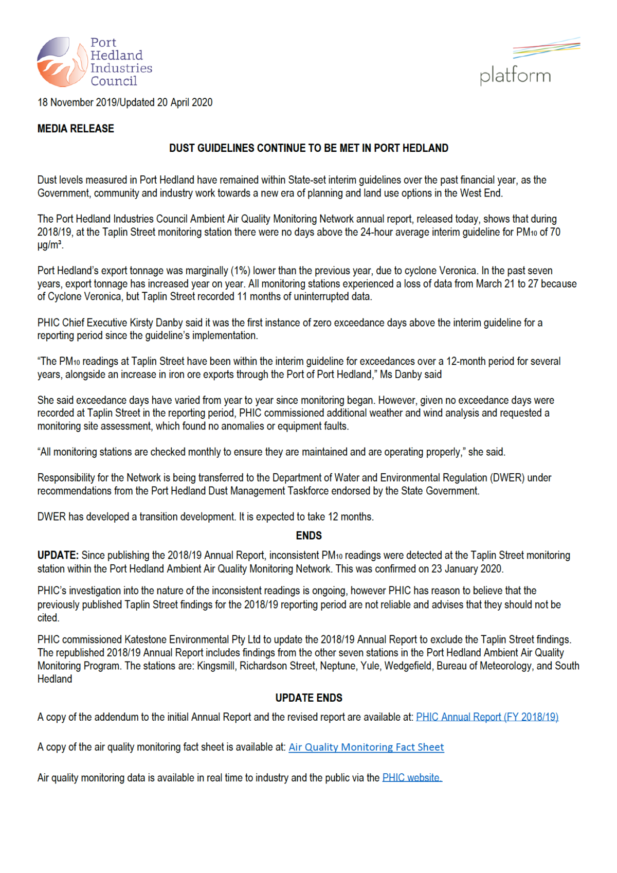 Dust Guidelines continue to be met in Port Hedland PHIC